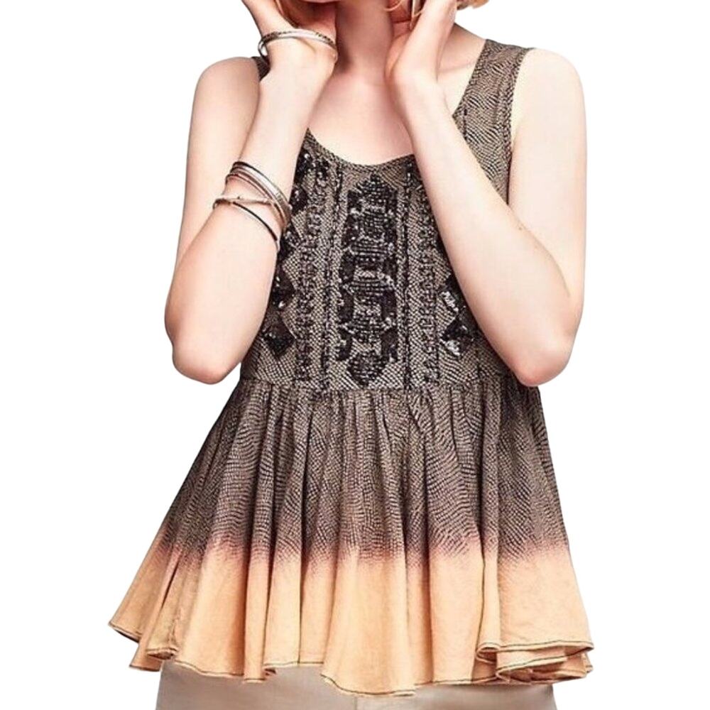 Akemi + Kim Anthropologie Suva Beaded Peplum Dip Dyed Tank Top Tan Black Medium